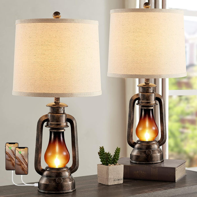 Farmhouse Lantern Table Lamps for Living Room Set of 2 with USB C+A