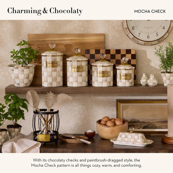MACKENZIE-CHILDS Enamel Flowerpot, Brown-and-White Mocha Check