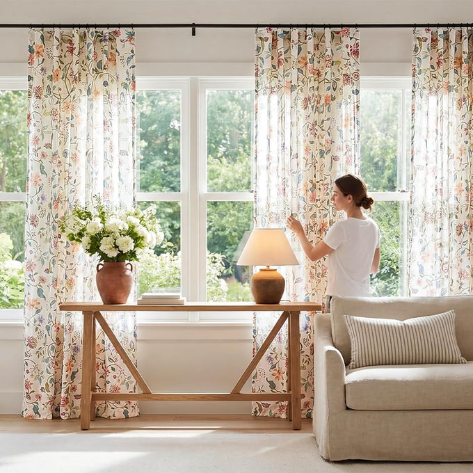 jinchan Beige Floral Linen Curtains 108 Inch Vintage Back Tab 2 Panels
