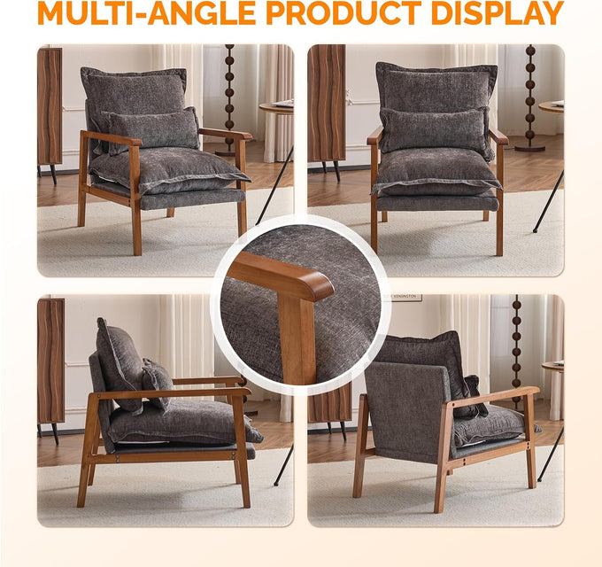 VINGLI Mid-Century Modern Cloud Accent Armchair with Lumbar Pillow, 6.3'' Thick Seat Cushion Comfortable Reading Chair with Wooden Armrests，Boho Lounge Chair for Bedroom, Living Room, Chenille, Grey