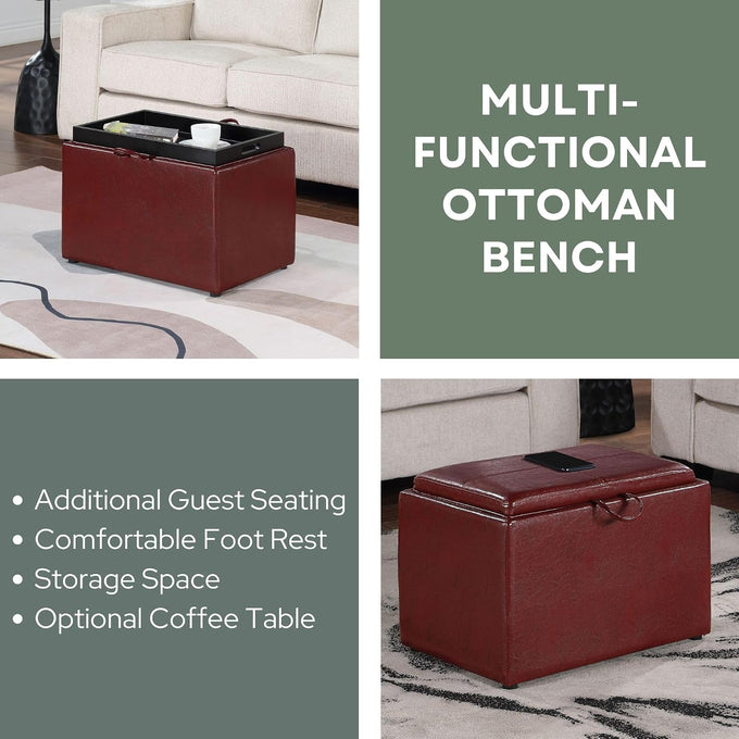 Convenience Concepts Designs4Comfort Accent Storage Ottoman 22.75" - Modern Foot Stool with Decorative Tray for Living Room, Dining Room, Office, Burgundy Faux Leather