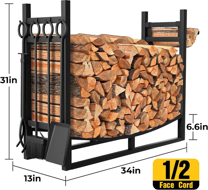 AMAGABELI GARDEN & HOME 31in Large Firewood Rack With Fireplace Tools Set Wrought Iron Indoor Outdoor Kindling Log Holder Heavy Duty Wide Wood Storage Log Rack Accessories Shovel Poker Tongs Broom