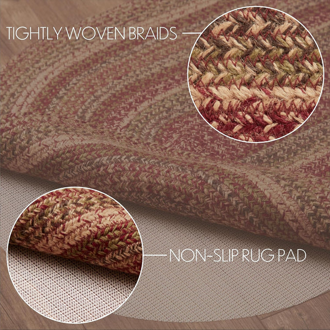 VHC Brands 69418 Cider Mill Jute Collection 27 x 48 Inch Country Braided Oval Entryway Area Rug with Non Slip Pad, Burgundy and Tan