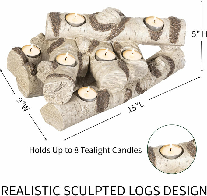 Plow & Hearth Faux Birch Fireplace Candle Holder, Resin Log Insert for Fireplace Decor, Holds 8 Fireplace Candles for Inside Fireplace, Cozy Living Room Fireplace Decorations