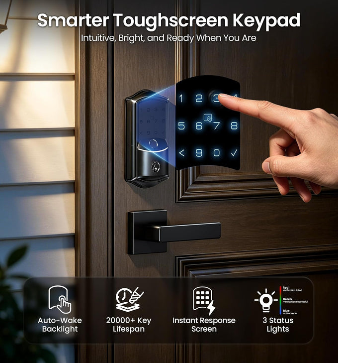 Veise VE027-L WiFi Smart Lock with Handles Set for Front Door, Matte Black