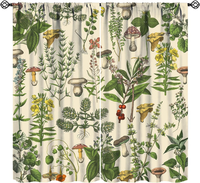 Vintage Botanical Curtains,Antique 1900s Plants Herbs Mushroom Blackout Window Drapes for Kitchen,Boho Retro Wildflower Green Leaf Ferns Farmhouse Window Treatment for Living Room 52x84in