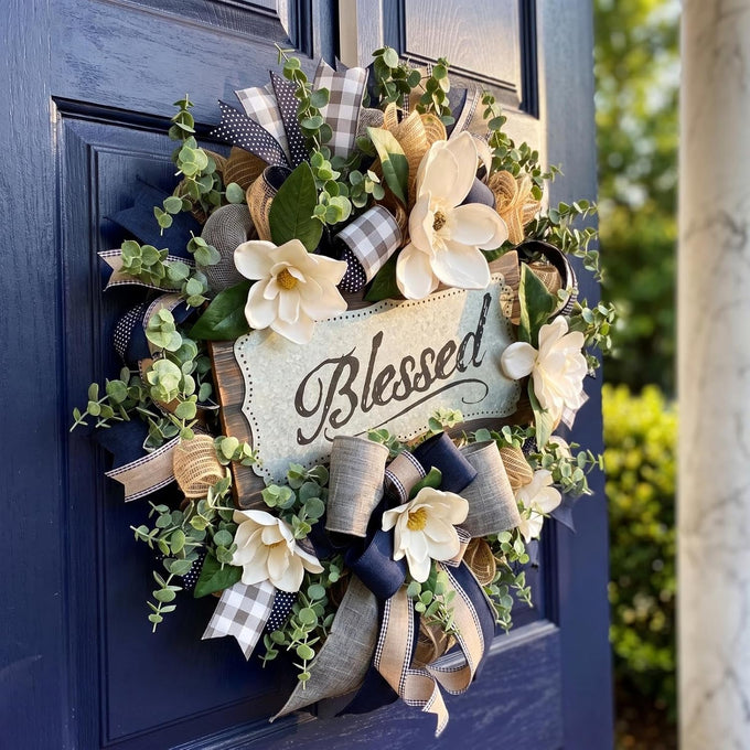 Spring Summer Wreath for Front Door,Farmhouse White Floral Porch Decor