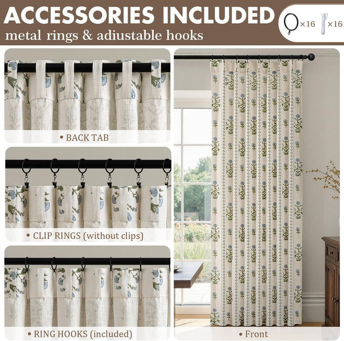 Floral Pinch Pleated Linen Curtains,Blue & Beige White,40" W x 96" L