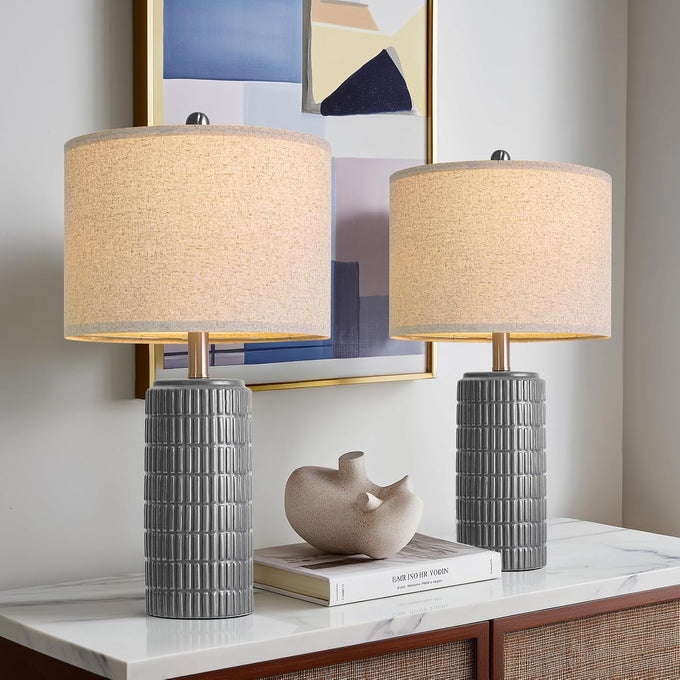PoKat 23" Modern Ceramic Table Lamp Set of 2 for Living Room Bedroom, White