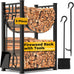 AMAGABELI GARDEN & HOME 31in Large Firewood Rack With Fireplace Tools Set Wrought Iron Indoor Outdoor Kindling Log Holder Heavy Duty Wide Wood Storage Log Rack Accessories Shovel Poker Tongs Broom