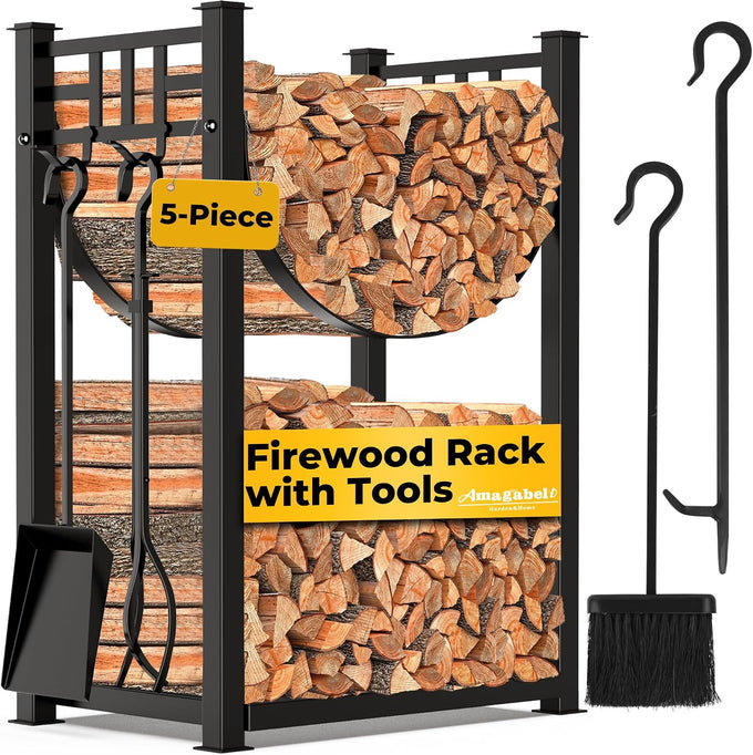 AMAGABELI GARDEN & HOME 31in Large Firewood Rack With Fireplace Tools Set Wrought Iron Indoor Outdoor Kindling Log Holder Heavy Duty Wide Wood Storage Log Rack Accessories Shovel Poker Tongs Broom