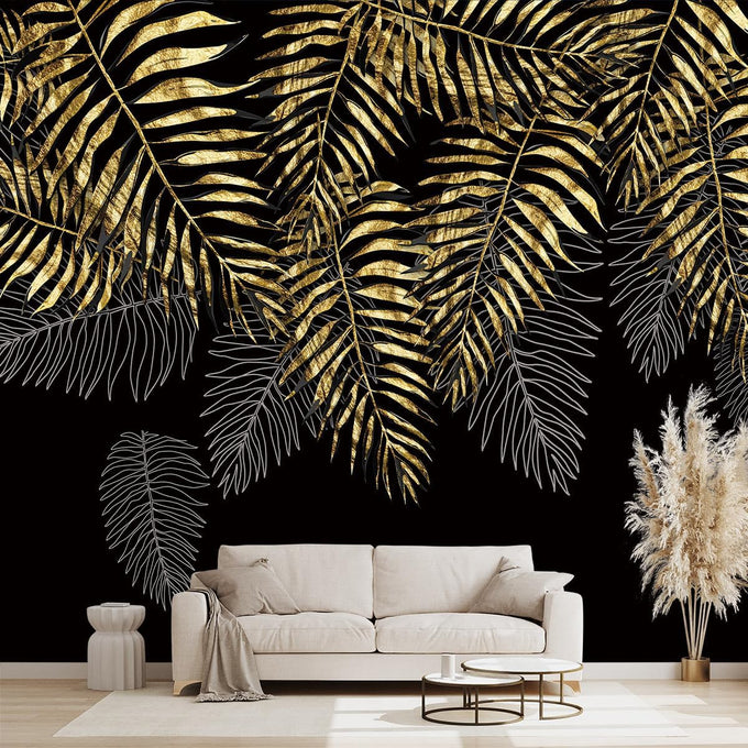 Golden Botanical Leaf wallpeper Living Room Bedroom wall Mural - 91"x65"（Not Peel and Stick）