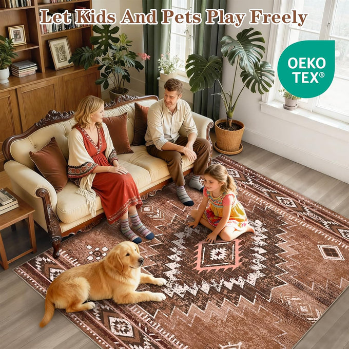 Yinhua Living Room Rug 6x9, Western Washable Rug for Bedroom, Brown
