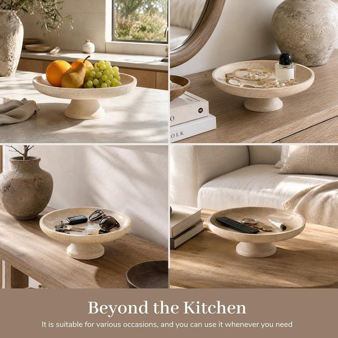Koville Natural Italian Travertine Fruit Bowl, 11 Inch Decorative Pedestal Bowl, Handmade Stone Centerpiece Bowl for Kitchen Counter, Coffee Table & Dining Table, Modern Home Decor, Beige