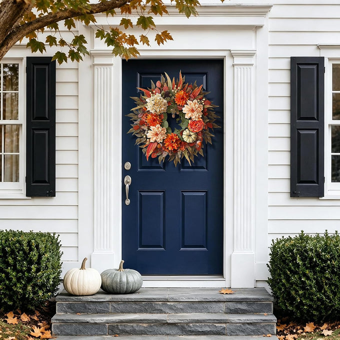24"Artificial Silk Hydrangea Flower Dahlia Fall Wreath for Front Door Decor