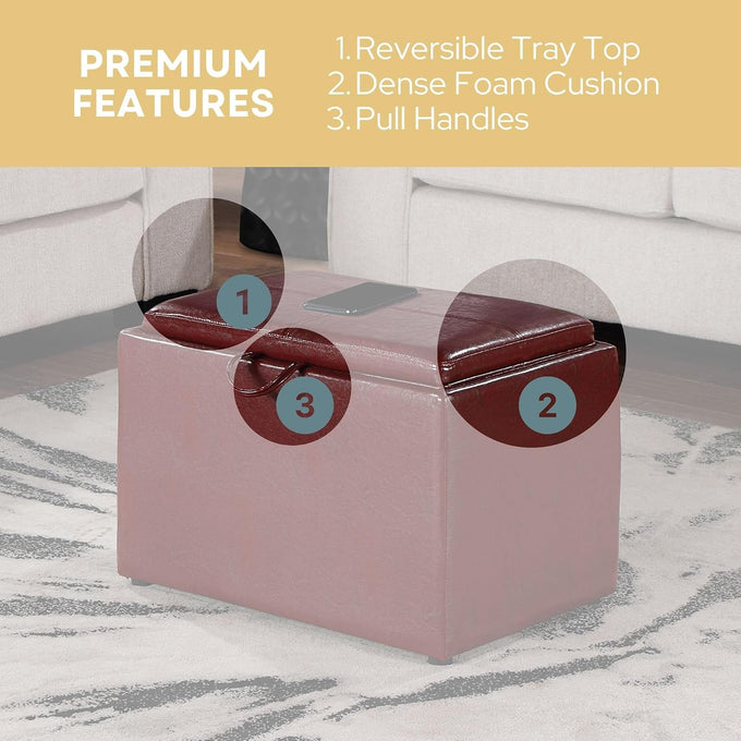 Convenience Concepts Designs4Comfort Accent Storage Ottoman 22.75" - Modern Foot Stool with Decorative Tray for Living Room, Dining Room, Office, Burgundy Faux Leather