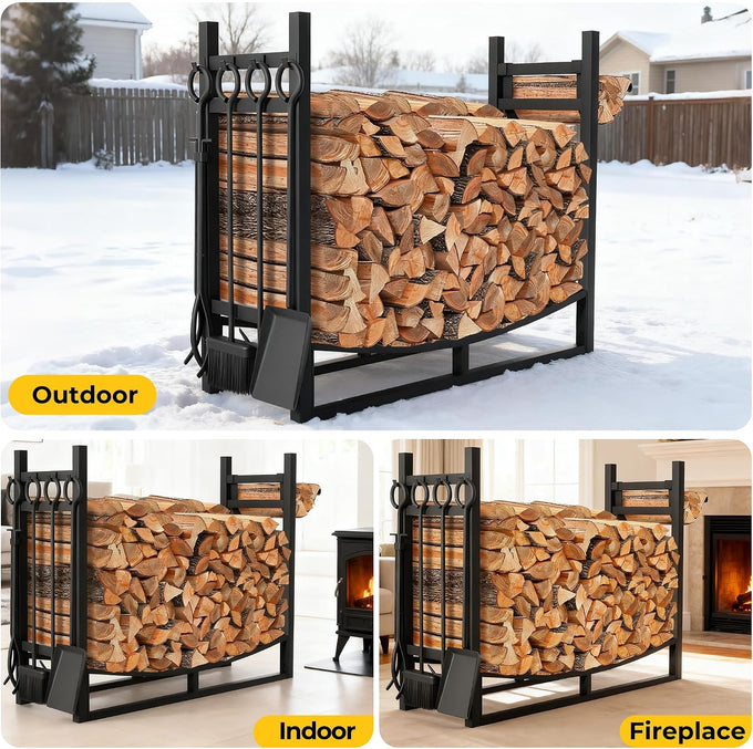 AMAGABELI GARDEN & HOME 31in Large Firewood Rack With Fireplace Tools Set Wrought Iron Indoor Outdoor Kindling Log Holder Heavy Duty Wide Wood Storage Log Rack Accessories Shovel Poker Tongs Broom