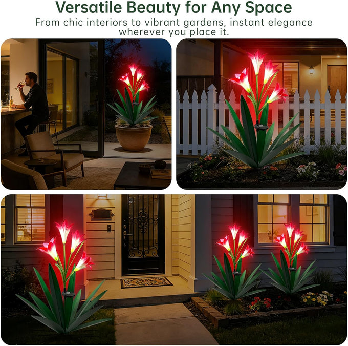 Homight Solar Metal Agave Lily Flower Garden Sculpture with LED Lights 30.3 Inch Waterproof Outdoor/Indoor Yard Decor Handmade Lawn Ornament Gift for Family Friends (3, Grass Green)