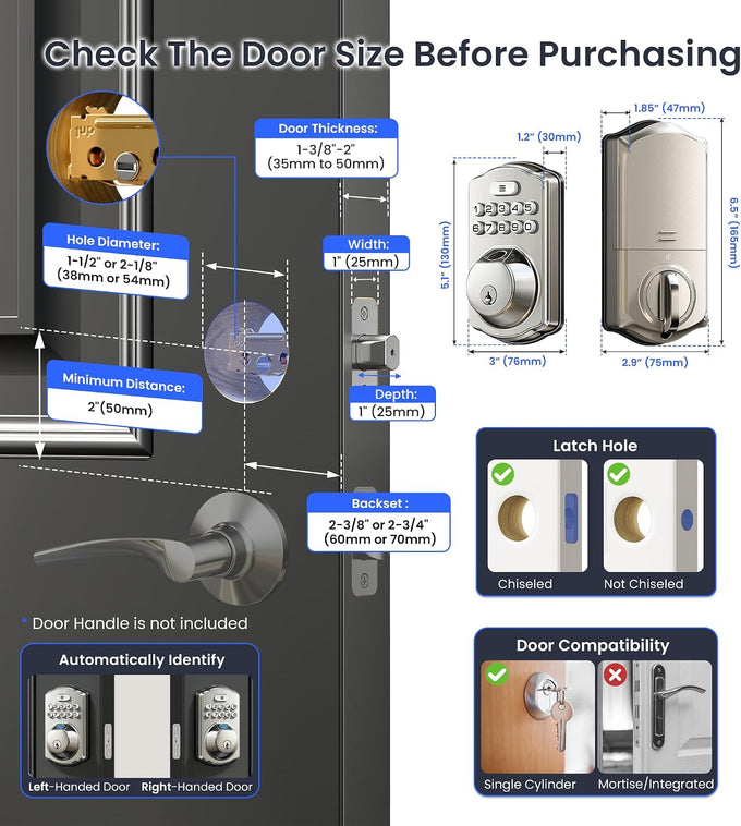 Veise VE012W WiFi Fingerprint Smart Lock for Front Door, Satin Nickel