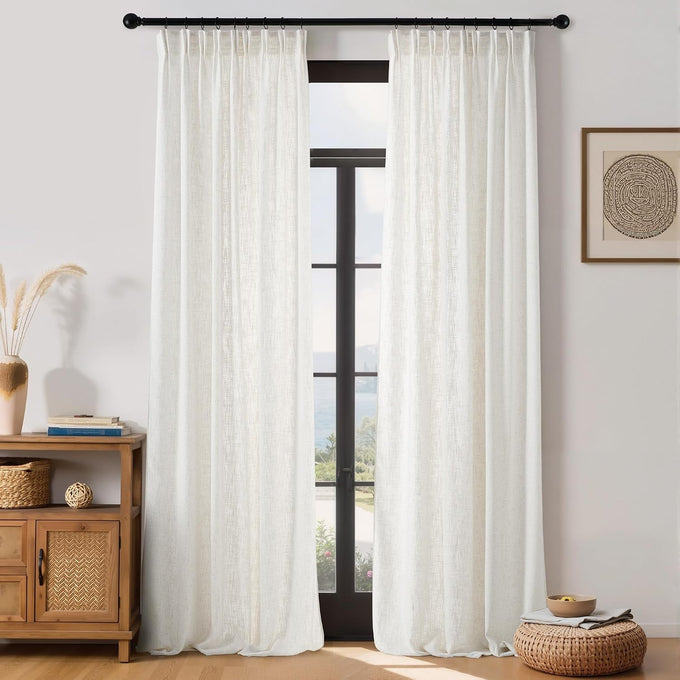 NICETOWN Thick Linen Curtains 96 Inches Long for Living Room 2 Panels Set, Back Tab/Rod Pocket with Pleat Tape Privacy Added Window Treatments for Farmhouse/Bedroom, Vanilla, W55 x L96