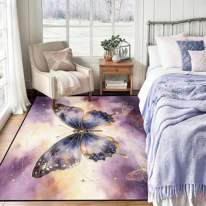 Purple Gold Celestial Butterfly 5'x7' Area Rugs for Living Room Mat