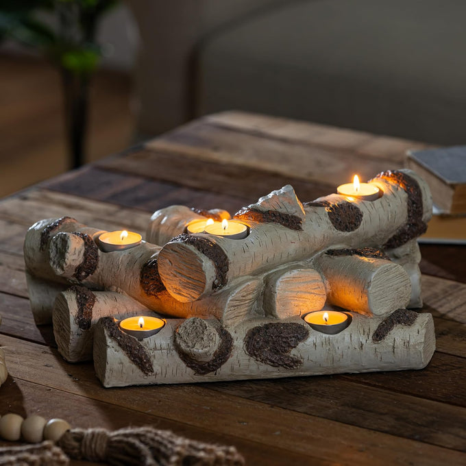 Plow & Hearth Faux Birch Fireplace Candle Holder, Resin Log Insert for Fireplace Decor, Holds 8 Fireplace Candles for Inside Fireplace, Cozy Living Room Fireplace Decorations