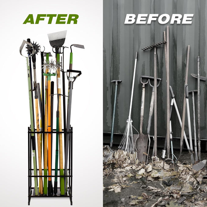 Garden Tool Organizer, Garage Tool Organizer & Garage Organization, Heavy Duty Steel Tool Storage Rack Holds 35 Rakes, Brooms Tools, Broom Holder and Mop Holder, Shed Organizer for Home Organization