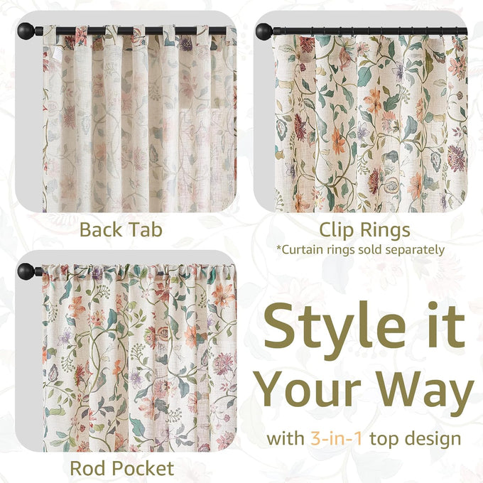 jinchan Beige Floral Linen Curtains 108 Inch Vintage Back Tab 2 Panels