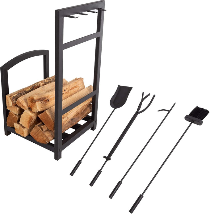 Lavish Home Fireplace Tool Set and Log Rack, Matte Black, 5-Piece-Set