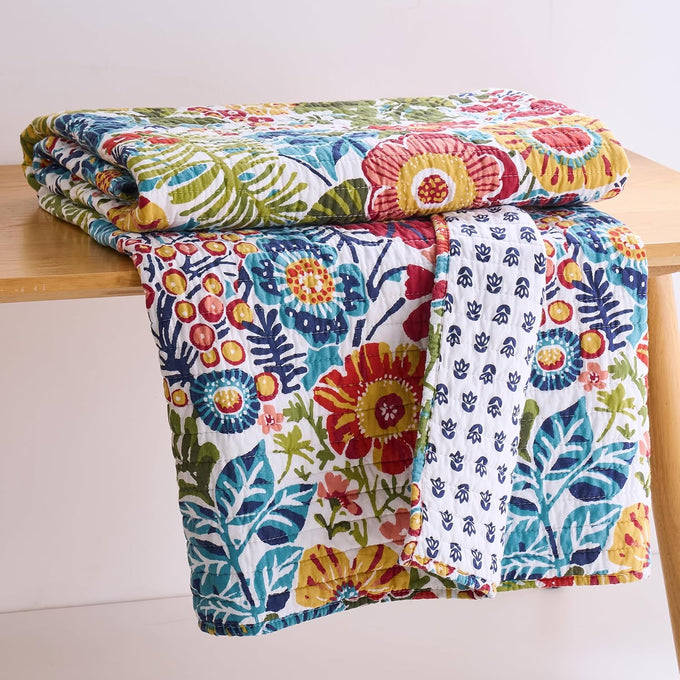 Levtex Home - Day Garden - Throw - Bold Floral - White Red Pink Green Ochre Teal - Throw (50x60in.) - Cotton