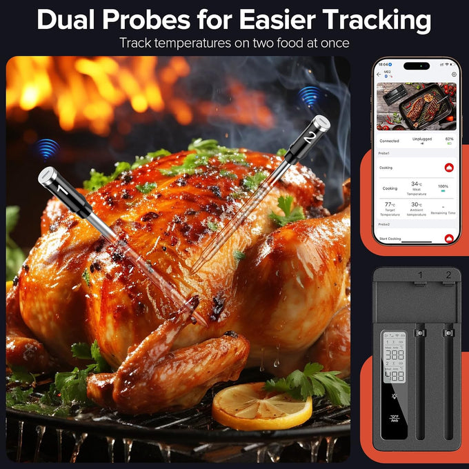 Smart Wireless Meat Thermometer, 2 Probes, WiFi Base with Magnetic Mount