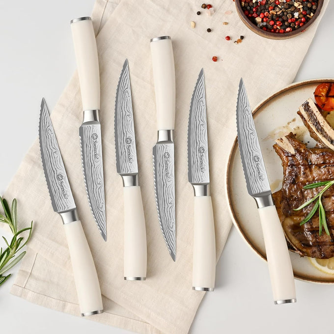 Sunnecko 15-Piece Kitchen Knife Set with Block and Sharpener, White Handle