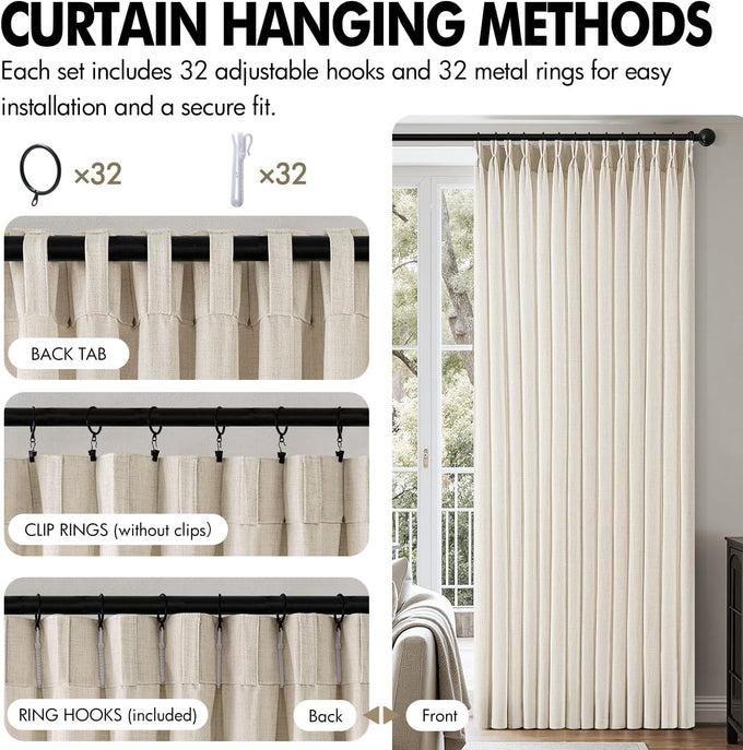 MIULEE Pinch Pleated Thick Linen Curtains 40x90 Inches Birch 4 Panels Set