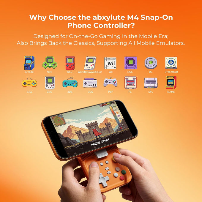 abxylute M4 Snap-On Mobile Gaming Controller for Android & iPhone, Switch 1&2, Portable Bluetooth Controller, Pocket-Sized Retro Arcade Phone Gamepad Kickstand, Dual Joystick Turbo Pro Gaming Magnetic (Orange)