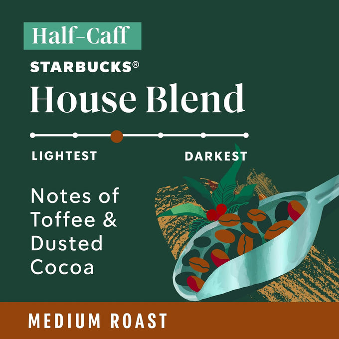 Starbucks K-Cup Coffee Pods, Half-Caff House Blend, 6 Boxes 60 Count