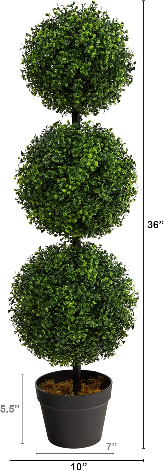 Nearly Natural 36 in Artificial Triple Ball Boxwood Topiary Tree with Pot