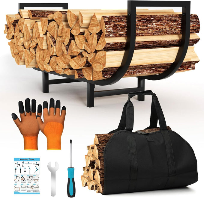4FT Outdoor Firewood Rack, Wood Storage with 600D Waterproof Oxford Cover Heavy Duty 8 Legs Firewood Log Holder Indoor with Log Carrier, Gloves, and Kindling Hooks for Fireplace Patio Deck Wood Rack
