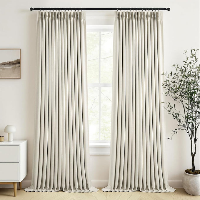 Topfinel 108 Inch Long Pinch Pleated Blackout Curtains for Living Room, Natural Linen Thick Linen Pleat Drapes for French Door Decoration, Cozy Rustic American Window Treatment Cream Beige 52"W*108"L