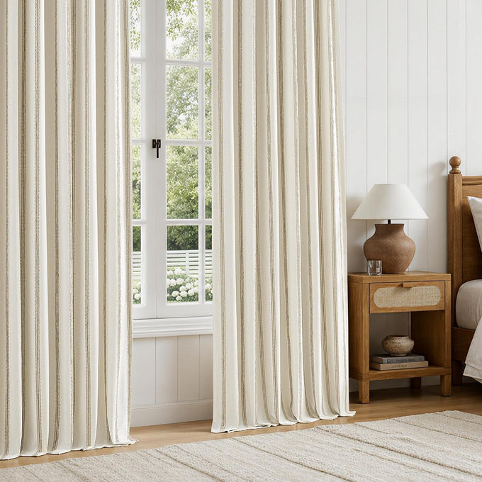 DriftAway 100% Blackout Farmhouse Linen Chenille Stripe Drapes Camel Beige