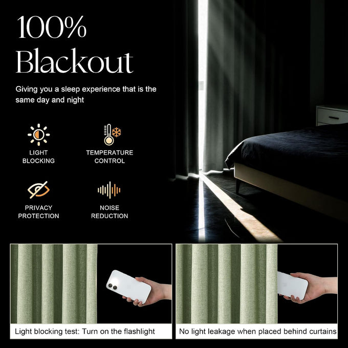 Etherealveil 100% Blackout Pinch Pleated Linen Curtains 2 Panels 52“x102”