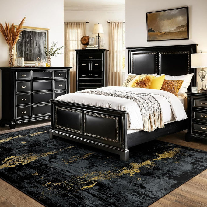 RELEANY Washable 8'x10' Abstract Area Rug for Living Room Black Gold
