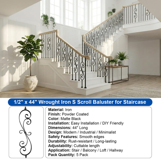 5 Pack 44" Iron S Scroll Balusters for Staircase Interior, 1/2" Hollow Stair Balusters, Matte Black Metal Balusters, Easy to Cut & Install