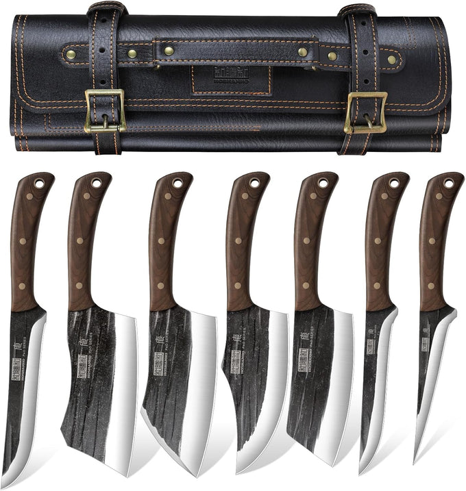 HOSHANHO Butcher Knife Set, Sharp Kitchen Knife Set & Roll Bag Gift for Men