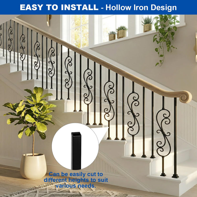 5 Pack 44" Iron S Scroll Balusters for Staircase Interior, 1/2" Hollow Stair Balusters, Matte Black Metal Balusters, Easy to Cut & Install