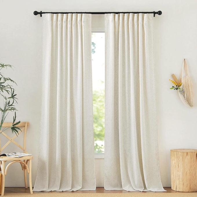 NICETOWN Thick Linen Semi Sheer Light Filtering Curtains, Back Tab/Rod Pocket with Pleat Tape Privacy Added Window Treatments for Bedroom/Farmhouse, Angora, W52 x L95, 2 Panels