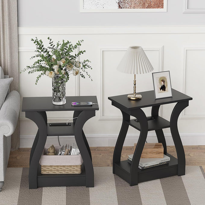 FROMJBEST End Tables Living Room Set of 2 with Charging Station, Black