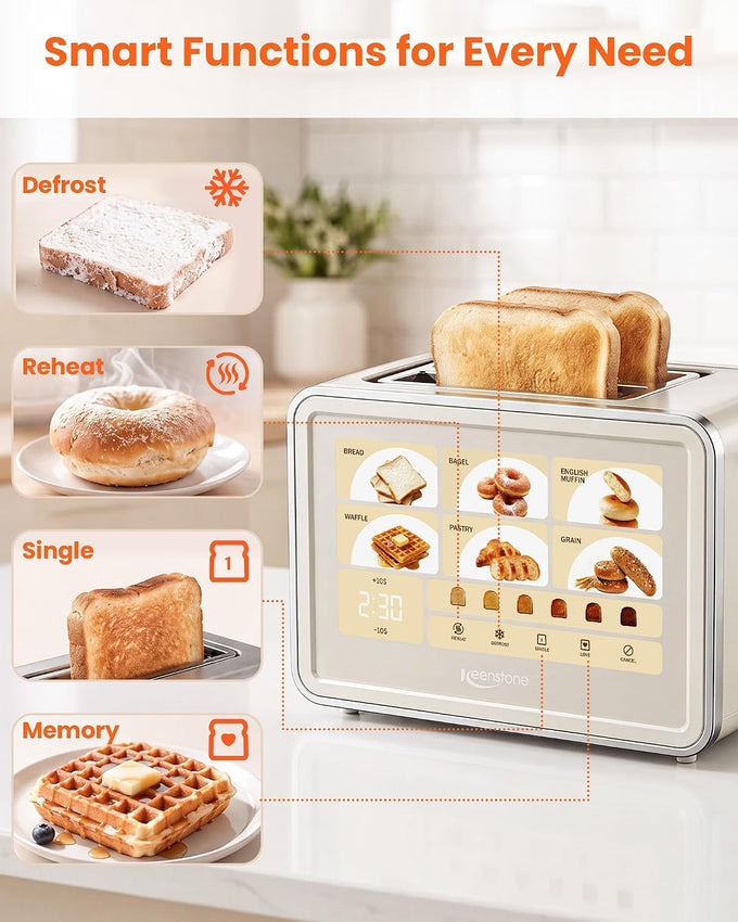 Keenstone 2 Slice Toaster, Smart Touch Screen Cream Toaster with Wide Slot
