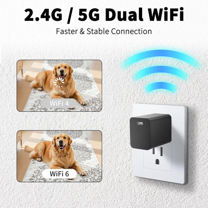 4K Smart Camera Charger with 2.4G/5Ghz Dual WiFi, 160° Wide Angle, Motion Detection, Type-C Plug Indoor Security Mini Camera for Home Pets, iOS & Android App