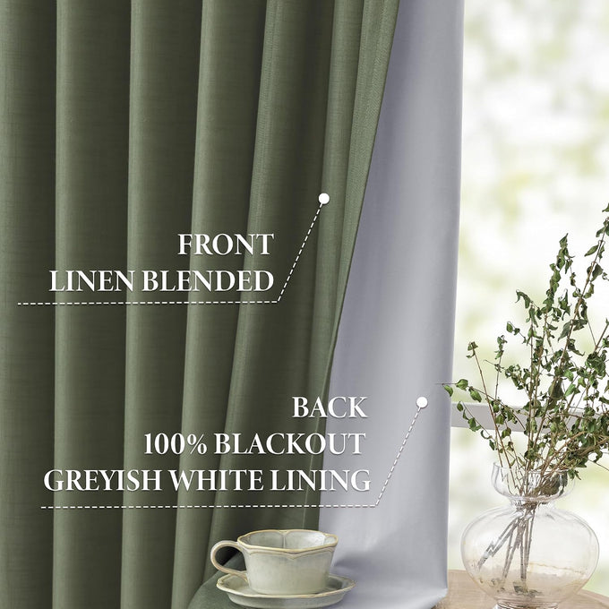 MYSKY HOME Olive Green Linen Pinch Pleated 100% Blackout Curtains 40Wx84L