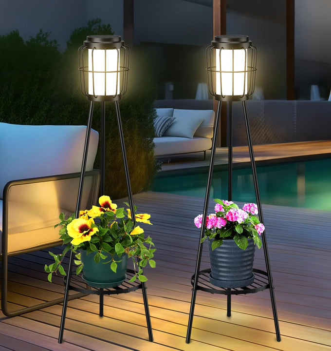 VISFLAIR 2 Pack Solar Lights with Plant Stand, Outdoor Floor Lamp, Waterproof Solar LED Edison Bulb Floor Lamps for Patio Porch Deck Yard Garden Decor